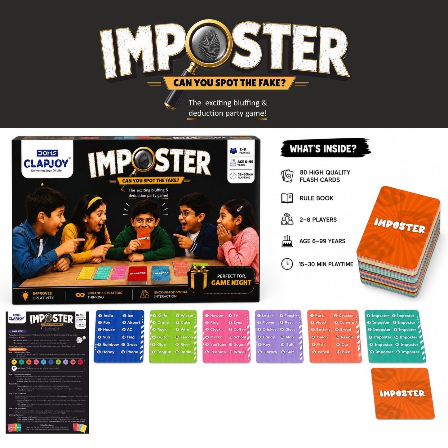 Board & Card Game – Imposter: Can You Spot The Fake? | 80 Cards | Bluffing & Deduction Party Game | Family Game Night | 15-30 Min Playtime | 2-8 Players | Gift for Ages 6, 7, 8, 9 & Up