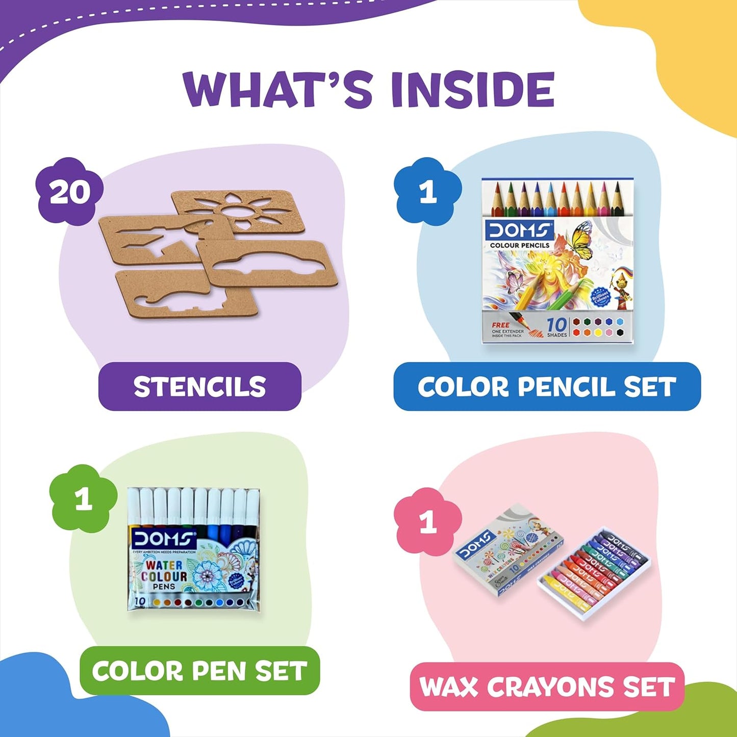 Little Artist Kit for Kids 3+ Years | 20 MDF Stencils with Color Pencils, Sketch Pens & Wax Crayons | Drawing & Coloring Activity Kit | Creative Art Set for Boys & Girls | Gift Pack