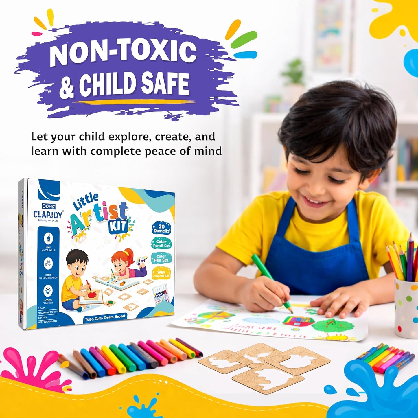 Little Artist Kit for Kids 3+ Years | 20 MDF Stencils with Color Pencils, Sketch Pens & Wax Crayons | Drawing & Coloring Activity Kit | Creative Art Set for Boys & Girls | Gift Pack