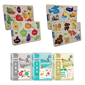4 Trays and Alphabet, Hindi Varnamala and Numbers Flash Card Combo
