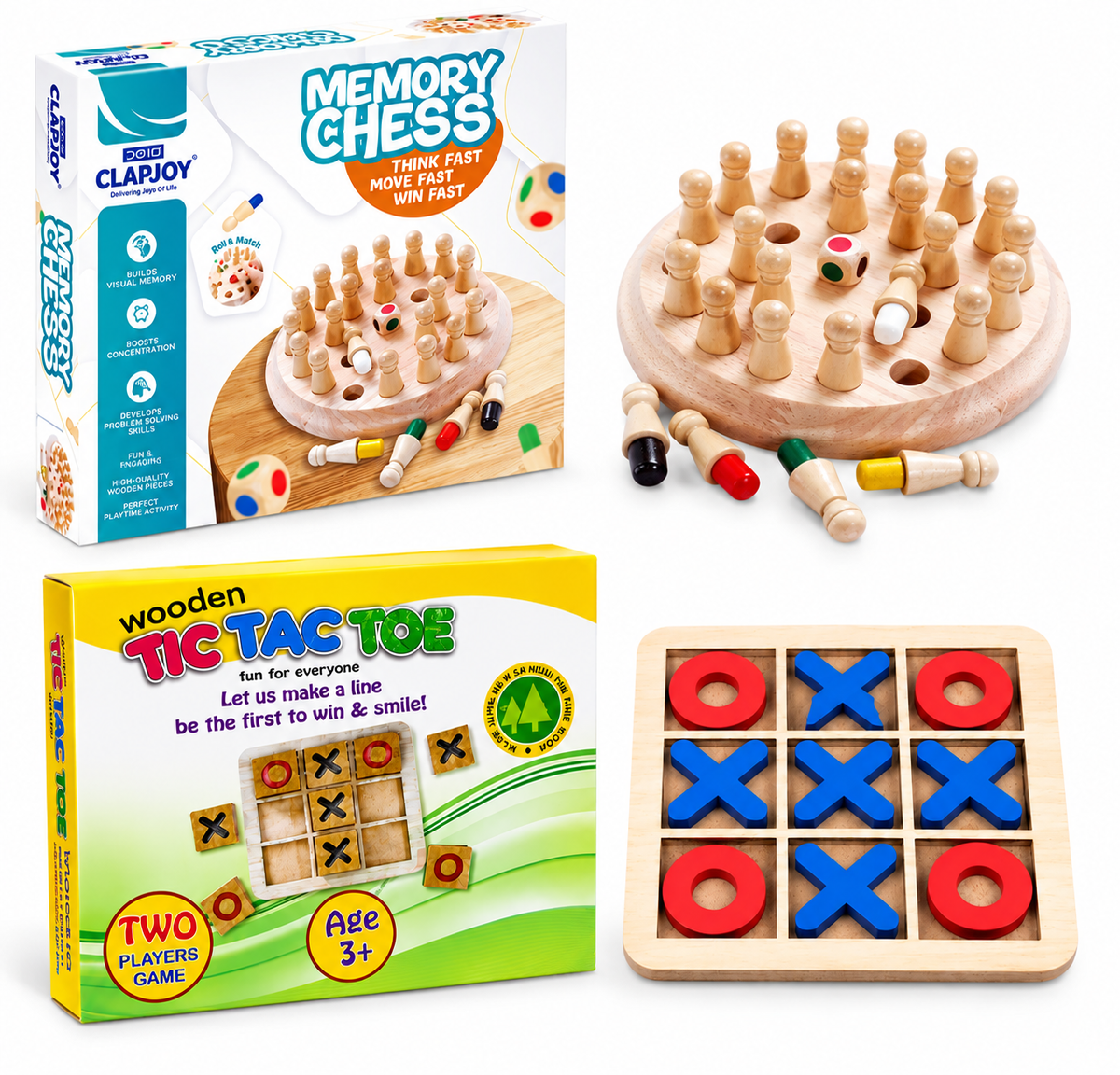 Wooden Memory Chess & Tic Tac Toe (Combo)