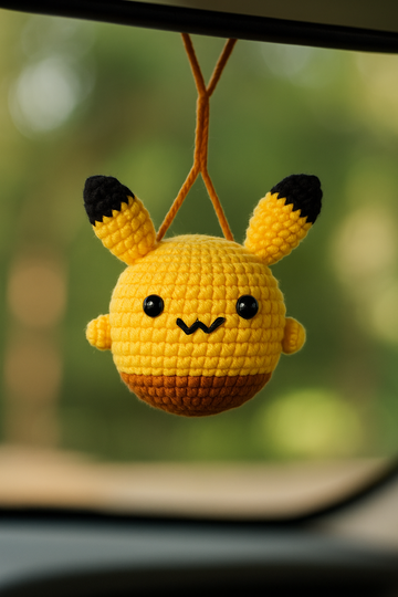 Handmade Crochet Pikachu Hanging | Cute Amigurumi Plush for Car Rearview Mirror | Kawaii Anime Decor for Kids, Gift for Pokémon Lovers