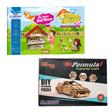 DIY Wooden Doll House & 3D Puzzle Racing Car Model Kit Combo