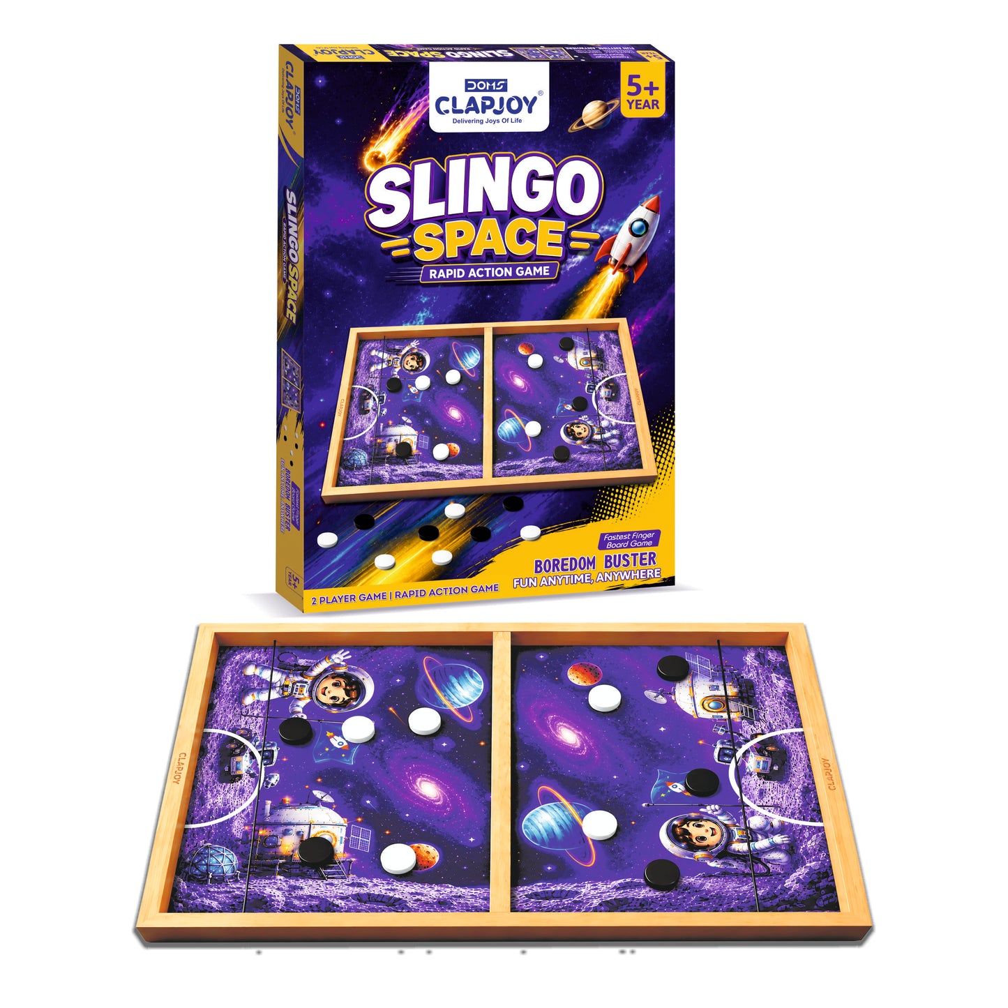 Clapjoy Slingo Space String Hockey Game for Kids | Rapid Action 2-Player Wooden Board Game | 4+ Years