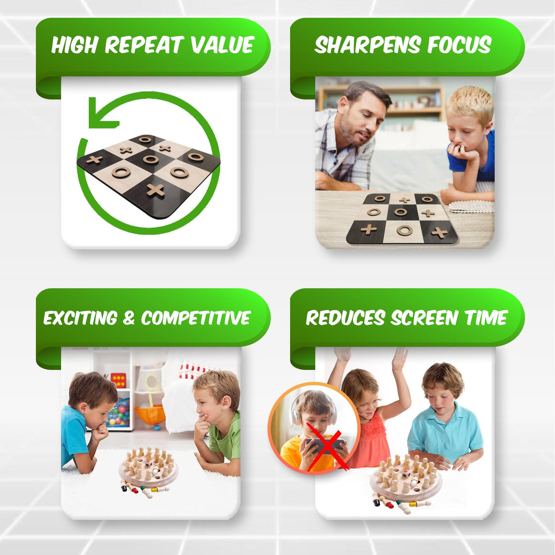 Wooden Memory Chess & Tic Tac Toe Combo