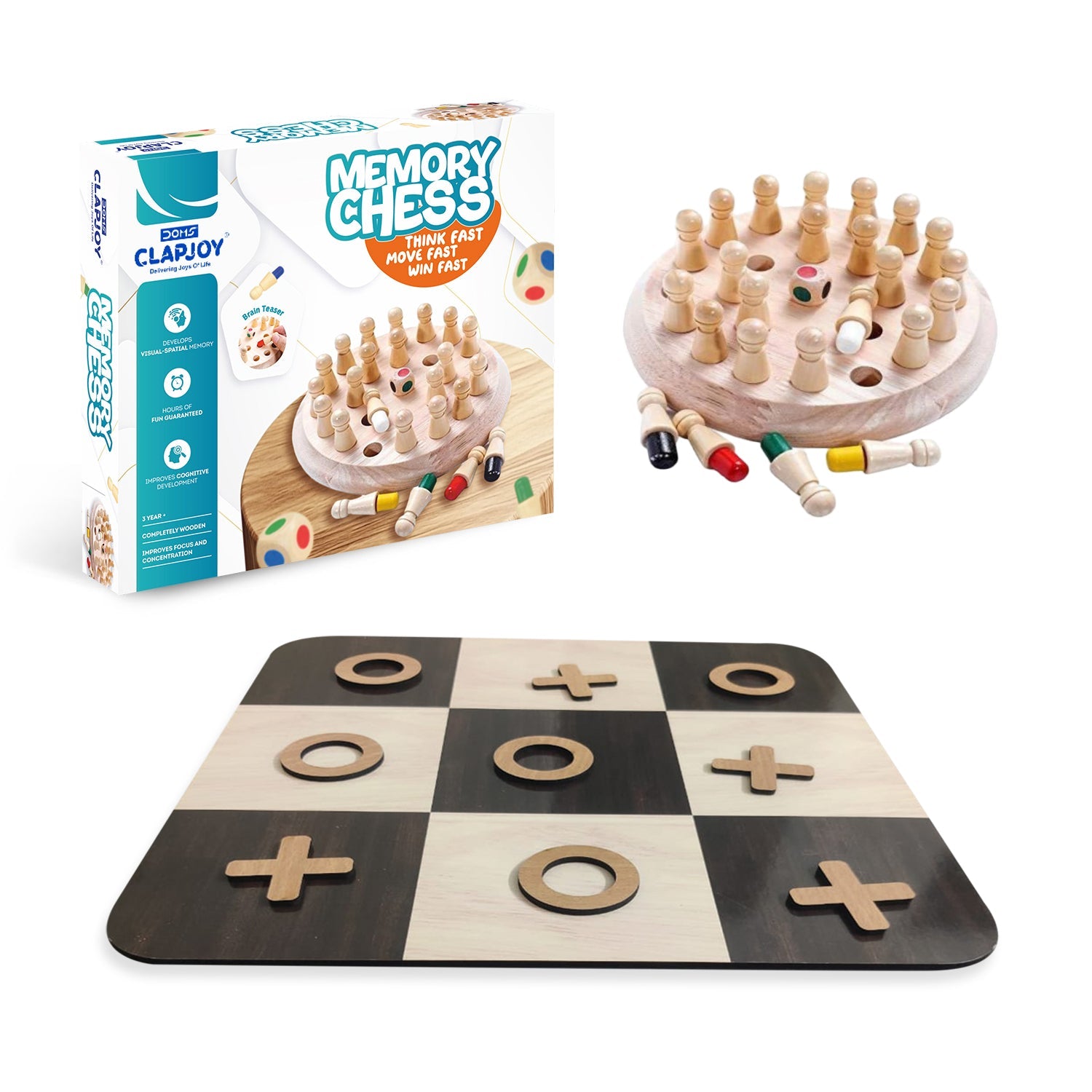 Wooden Memory Chess & Tic Tac Toe Combo