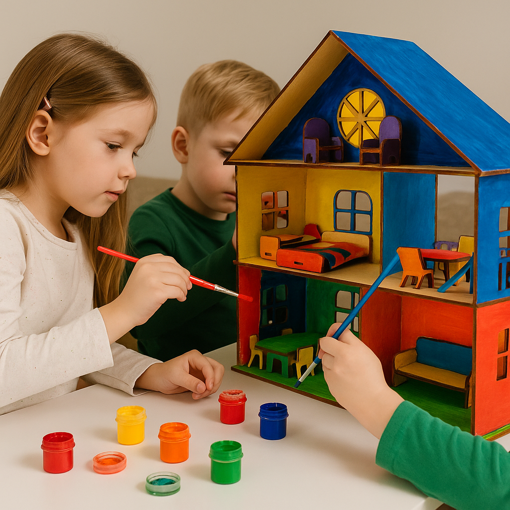 DIY Wooden Spinning Top & Doll House with Furniture
