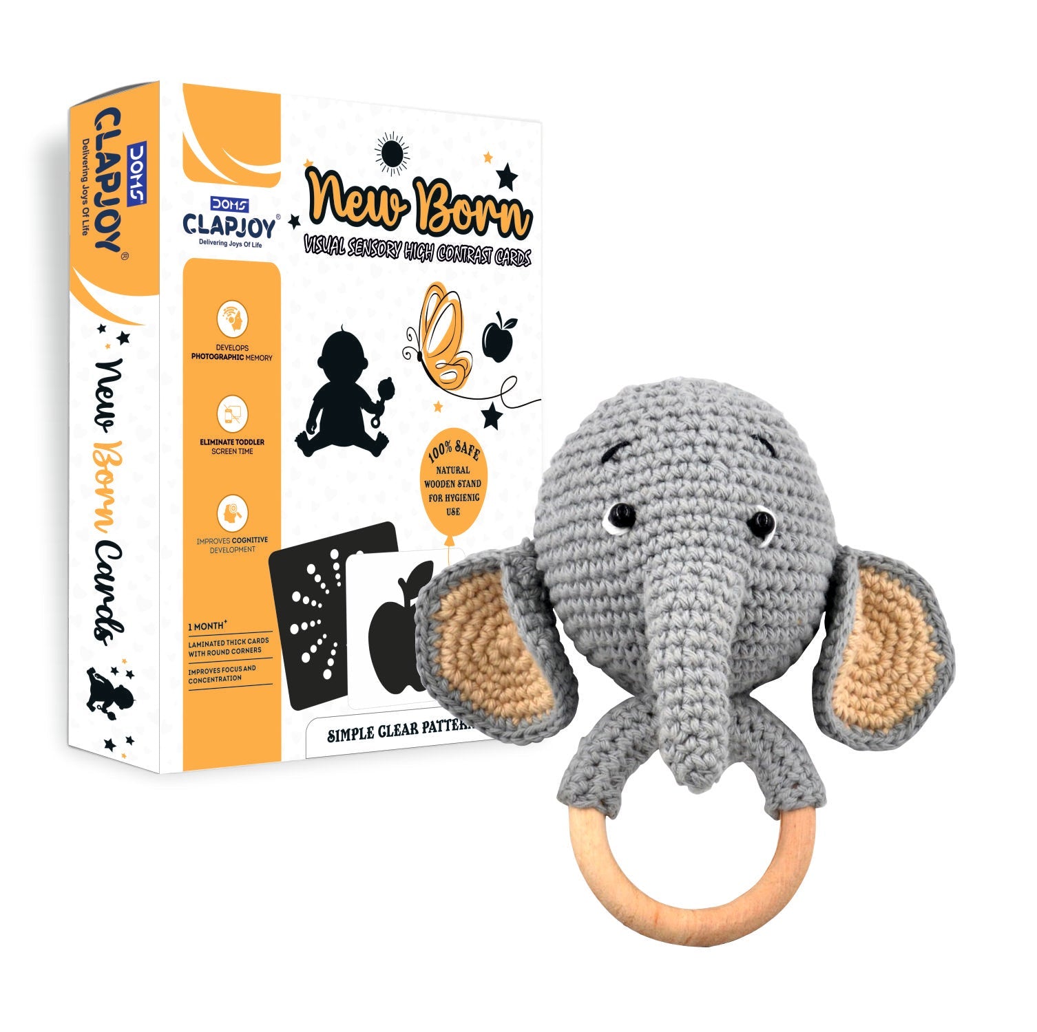 Clapjoy New Born High Contrast Flash Cards & Elephant Rattle Combo – Black & White Cards for 0-12 Months Baby | Visual Stimulation Toy & Soft Sound Sensory Rattle