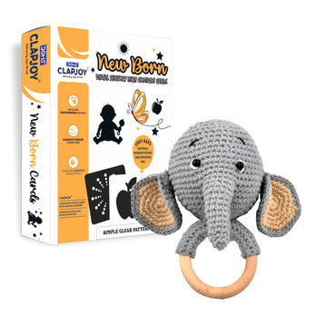 Clapjoy New Born High Contrast Flash Cards & Elephant Rattle Combo – Black & White Cards for 0-12 Months Baby | Visual Stimulation Toy & Soft Sound Sensory Rattle
