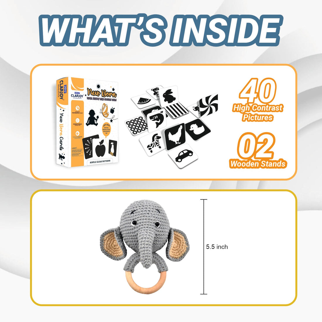 Clapjoy New Born High Contrast Flash Cards & Elephant Rattle Combo – Black & White Cards for 0-12 Months Baby | Visual Stimulation Toy & Soft Sound Sensory Rattle