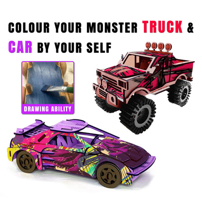 3D Wooden Racing Car & Truck Puzzle (Combo)
