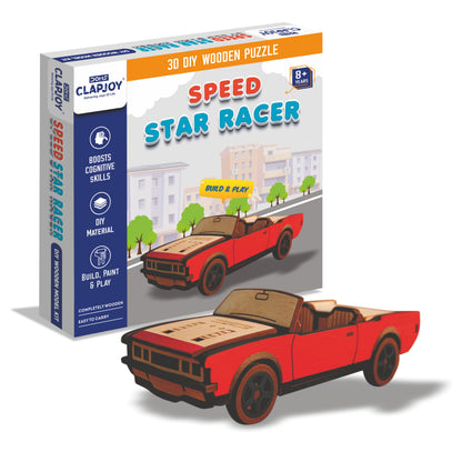 3D DIY Wooden Puzzle Speed Star Racer Car, Build and Paint Craft Kit with Tempra Colors and Water Color Pens, 8+ Years