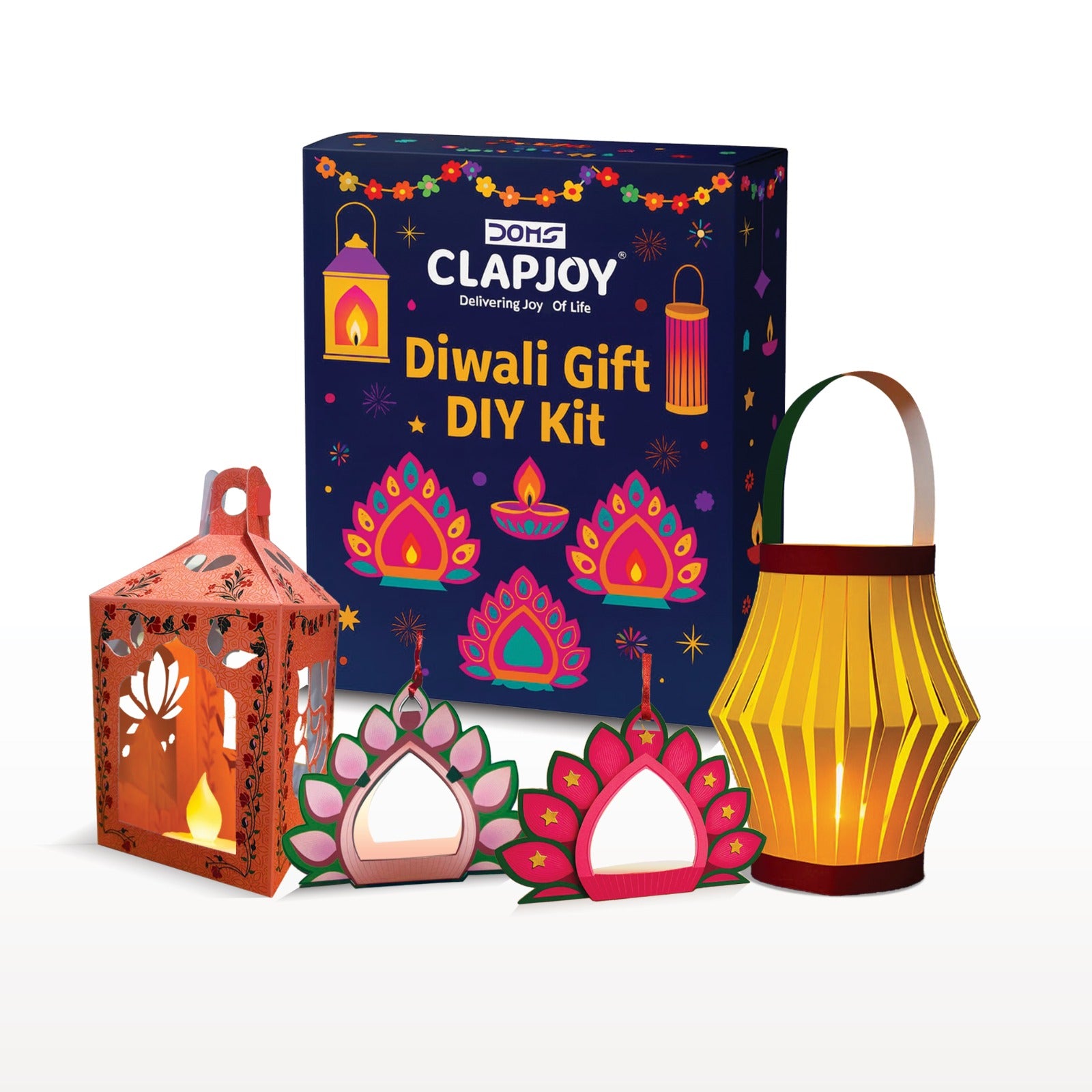 Diwali Gift DIY Kit | 4 Fun Activities | DIY Paper Craft Lanterns and Diyas with Ribbon, Stickers & LED Tea Lights | DIY Art & Craft Kit for Kids