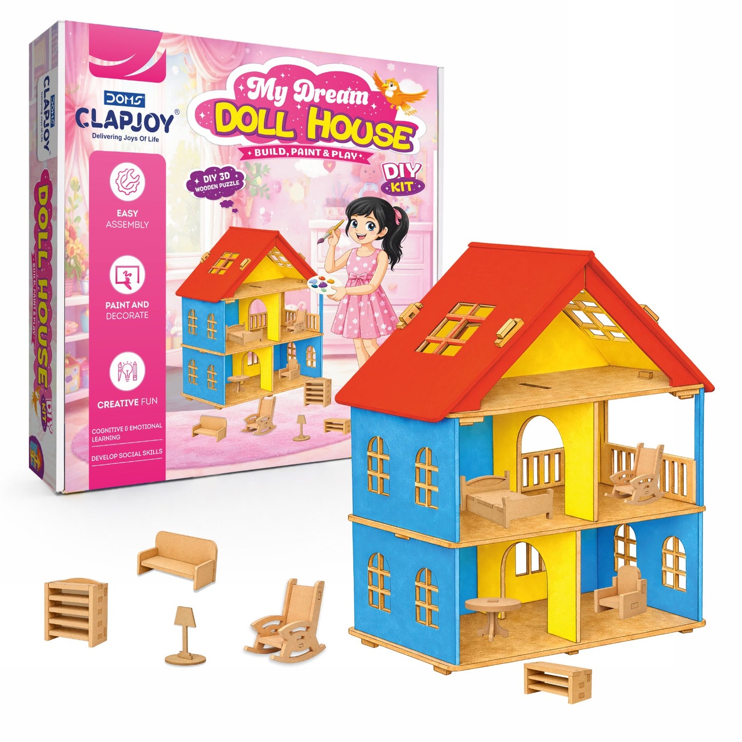 DIY Wooden Doll House Kit with Furniture | Build, Paint & Play for Kids 5+