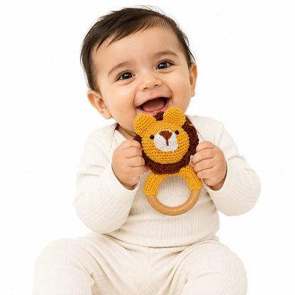Handmade Crochet Lion Baby Rattle with Wooden Ring | Soft Knitted Teether & Sensory Toy for Newborn Babies, Infants and Toddlers