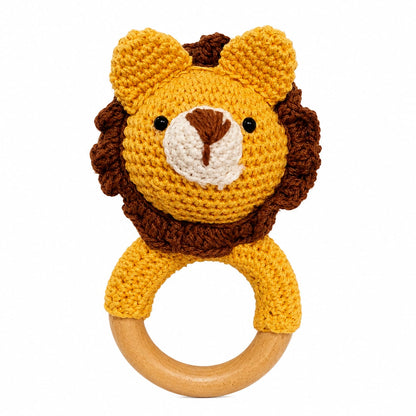 Handmade Crochet Lion Baby Rattle with Wooden Ring | Soft Knitted Teether & Sensory Toy for Newborn Babies, Infants and Toddlers