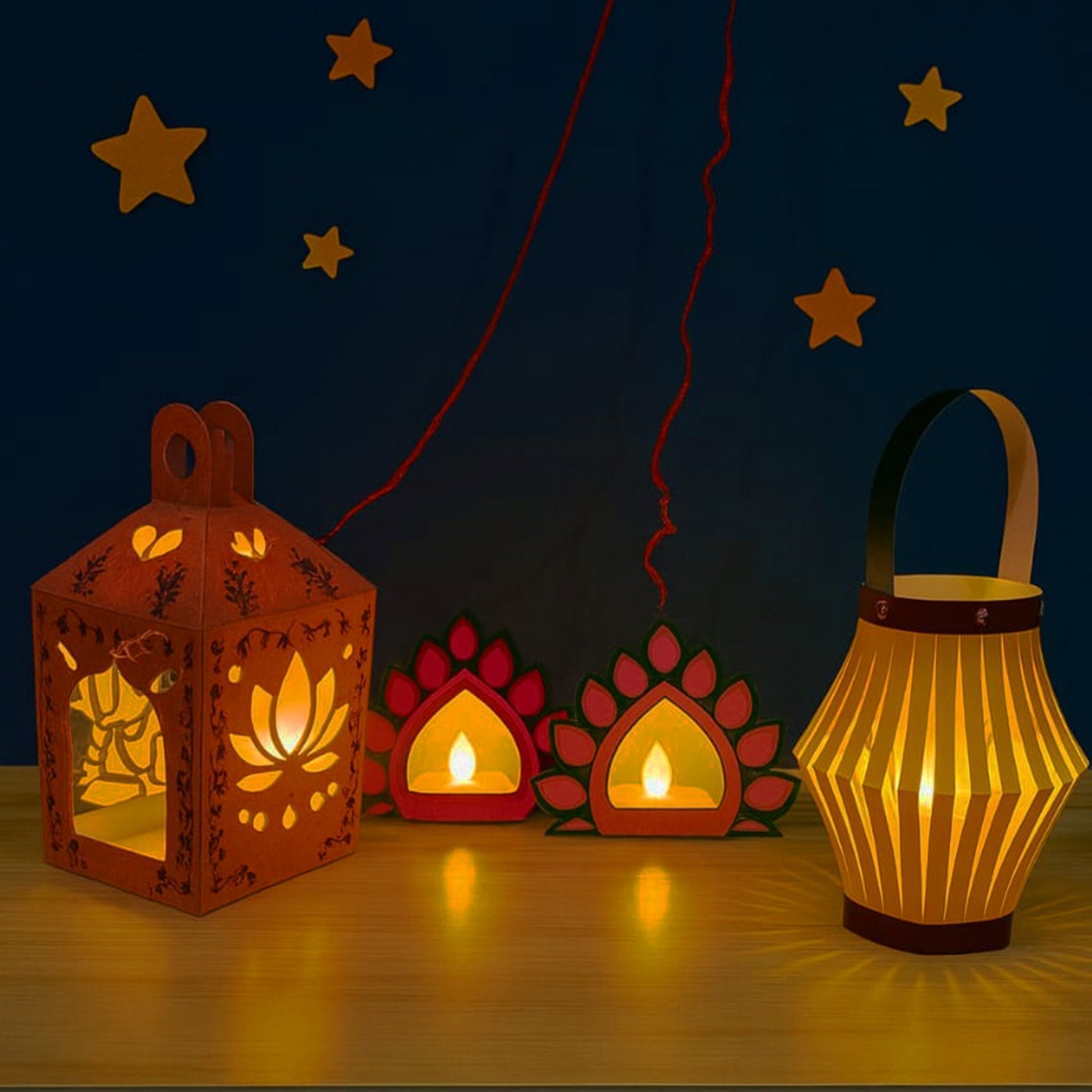 Diwali Gift DIY Kit | 4 Fun Activities | DIY Paper Craft Lanterns and Diyas with Ribbon, Stickers & LED Tea Lights | DIY Art & Craft Kit for Kids