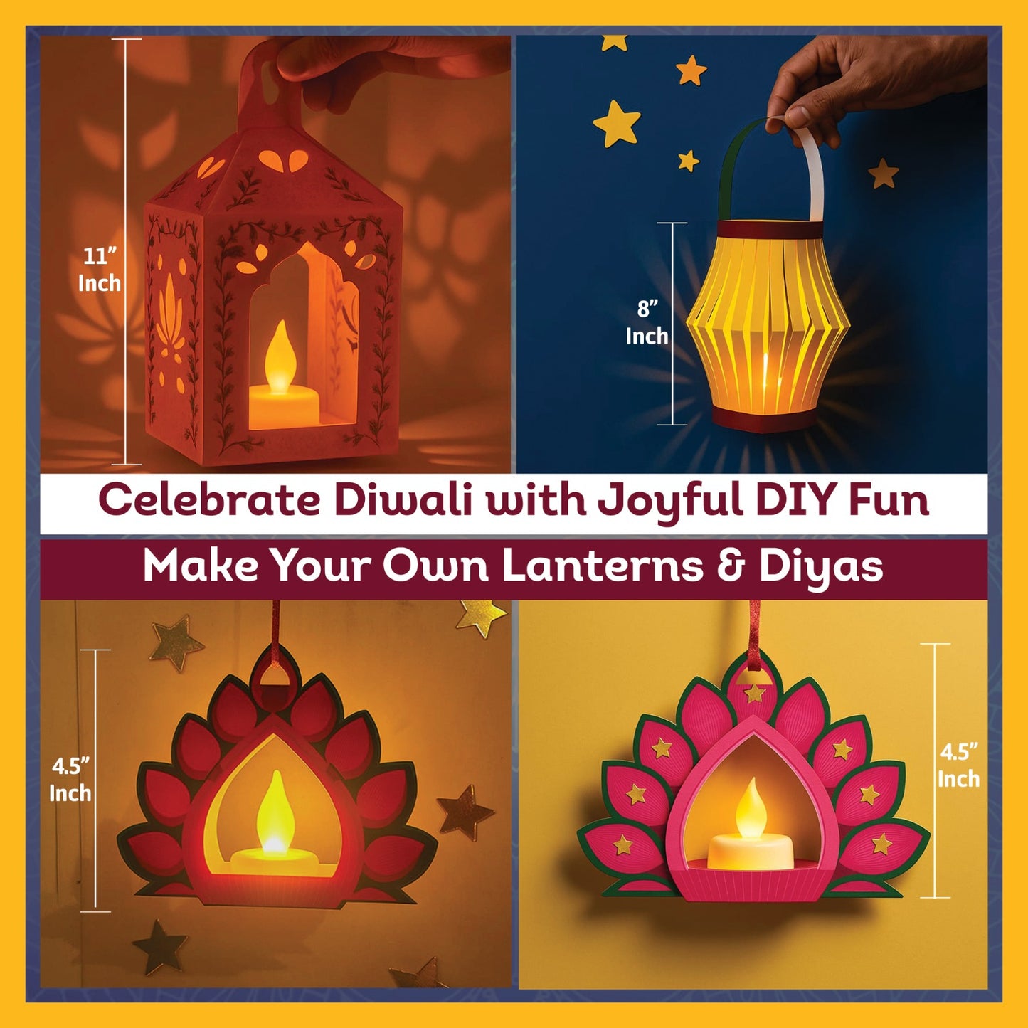 Diwali Gift DIY Kit | 4 Fun Activities | DIY Paper Craft Lanterns and Diyas with Ribbon, Stickers & LED Tea Lights | DIY Art & Craft Kit for Kids