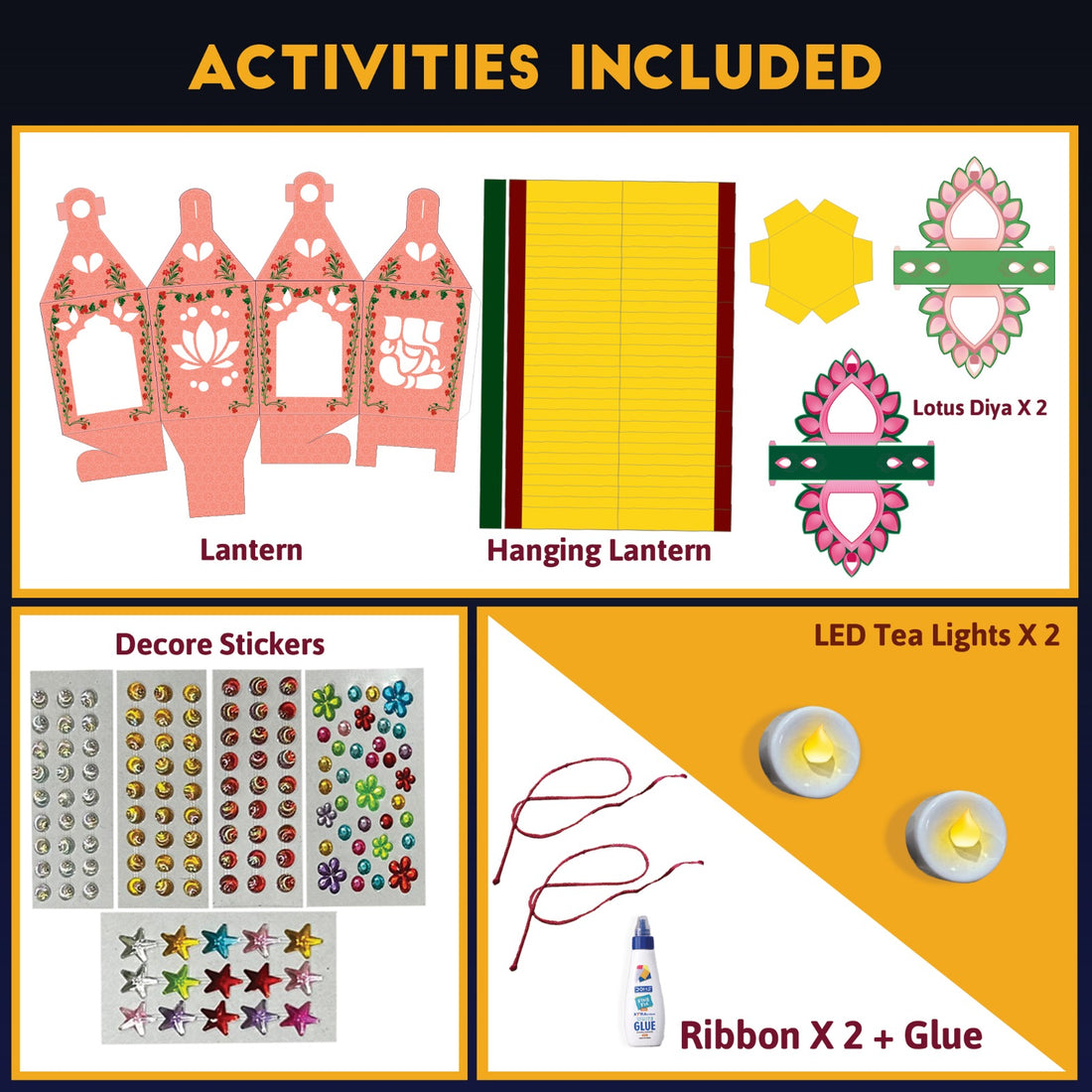 Diwali Gift DIY Kit | 4 Fun Activities | DIY Paper Craft Lanterns and Diyas with Ribbon, Stickers & LED Tea Lights | DIY Art & Craft Kit for Kids