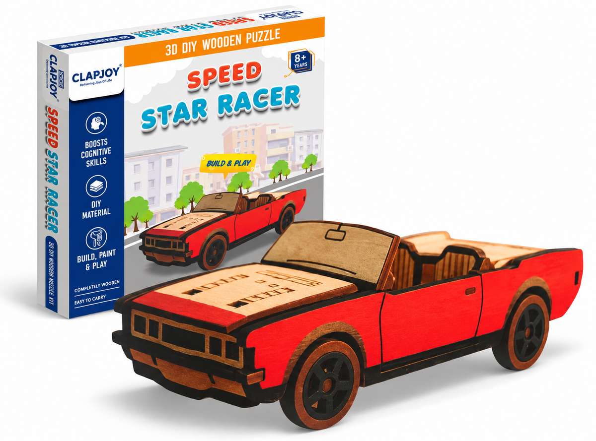 3D DIY Wooden Puzzle Speed Star Racer Car, Build and Paint Craft Kit with Tempra Colors and Water Color Pens, 8+ Years