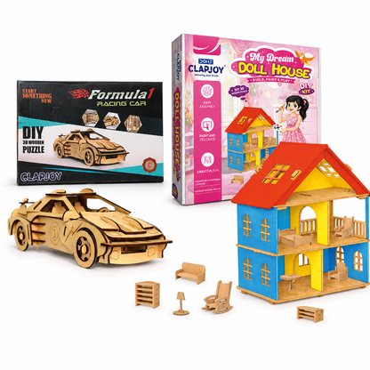 DIY Wooden Doll House & 3D Puzzle Racing Car Model Kit Combo