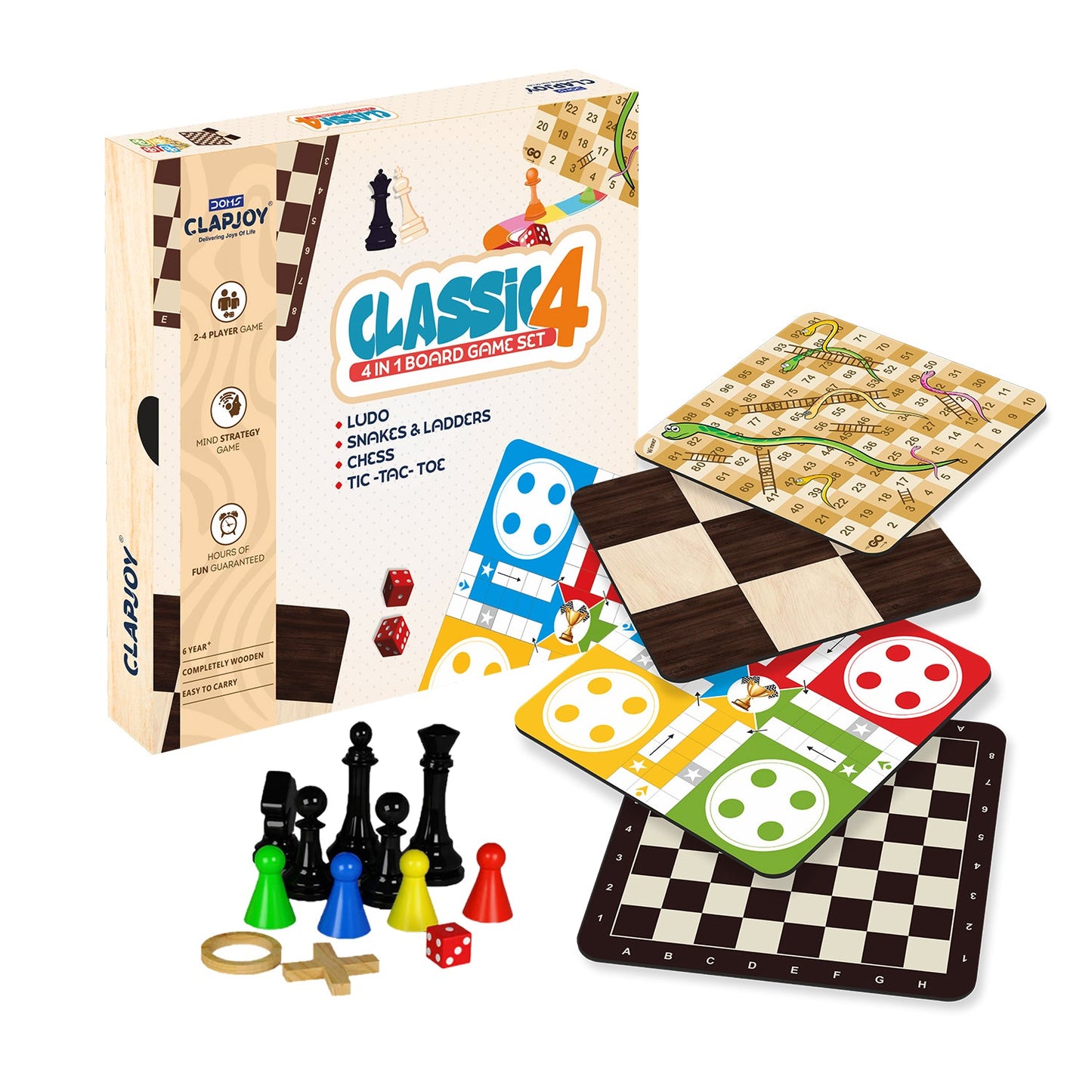 Wooden Classic 4-in-1 Board Game Set | Chess, Ludo, Snakes & Ladders, Tic Tac Toe