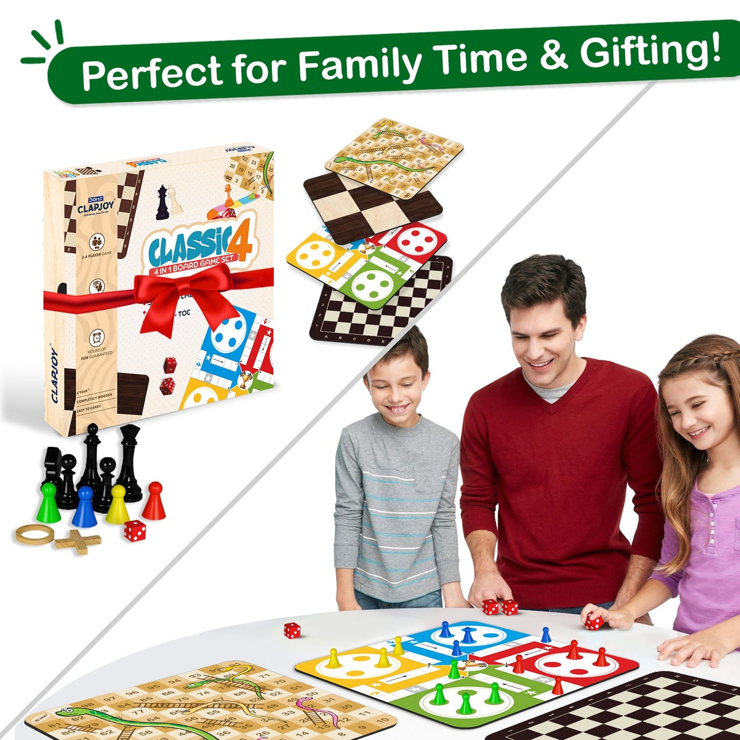 Wooden Classic 4-in-1 Board Game Set | Chess, Ludo, Snakes & Ladders, Tic Tac Toe