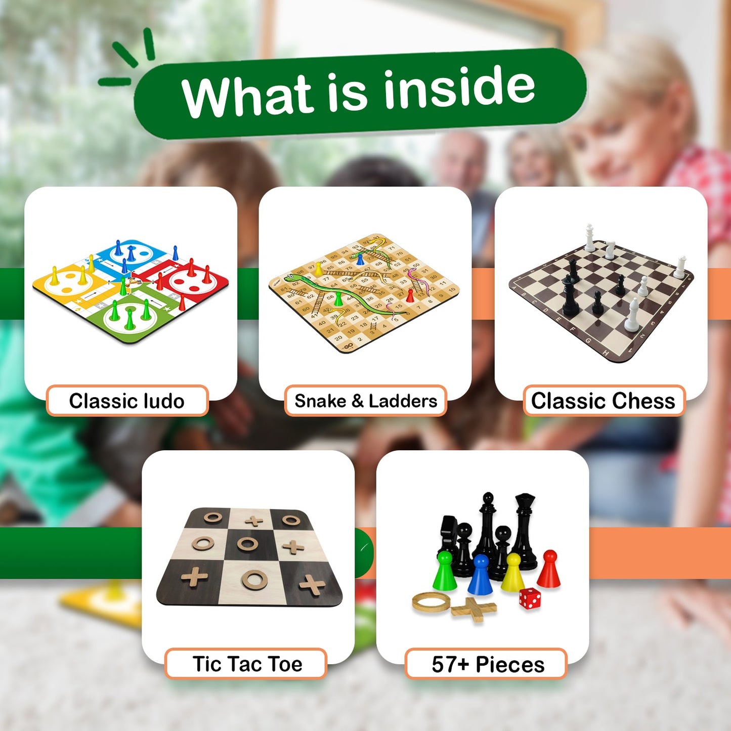 Wooden Classic 4-in-1 Board Game Set | Chess, Ludo, Snakes & Ladders, Tic Tac Toe