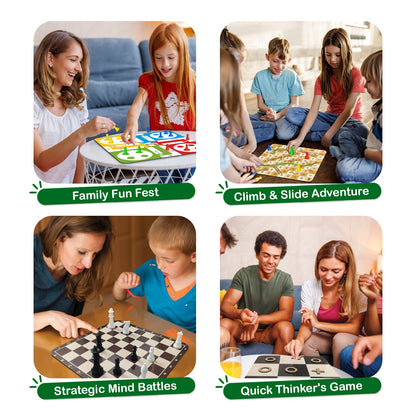 Wooden Classic 4-in-1 Board Game Set | Chess, Ludo, Snakes & Ladders, Tic Tac Toe