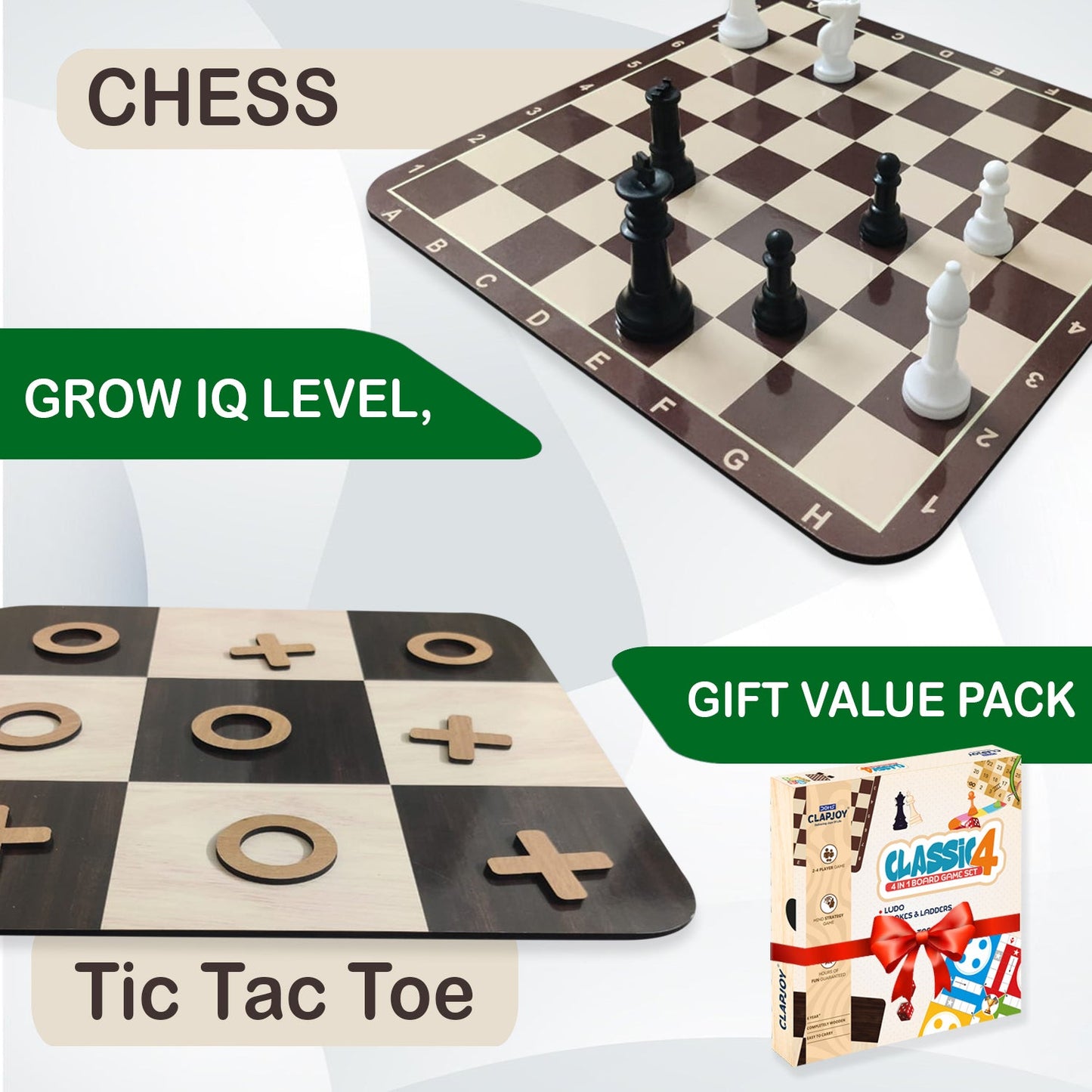 Wooden Classic 4-in-1 Board Game Set | Chess, Ludo, Snakes & Ladders, Tic Tac Toe