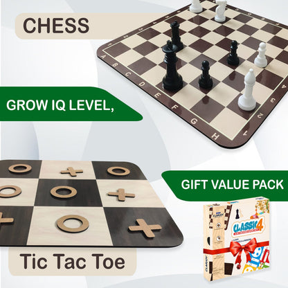 Wooden Classic 4-in-1 Board Game Set | Chess, Ludo, Snakes & Ladders, Tic Tac Toe