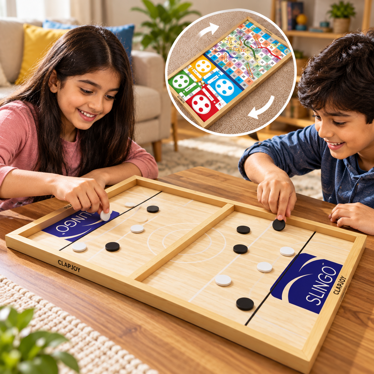 3-in-1 Wooden Slingo Game with Ludo & Snakes and Ladders | Family Board Game for Kids & Adults