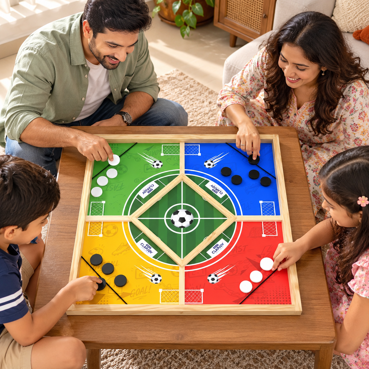 Wooden String Hockey Game 4 Players + Ludo Board Game Kids & Adults – 59 × 59 cm