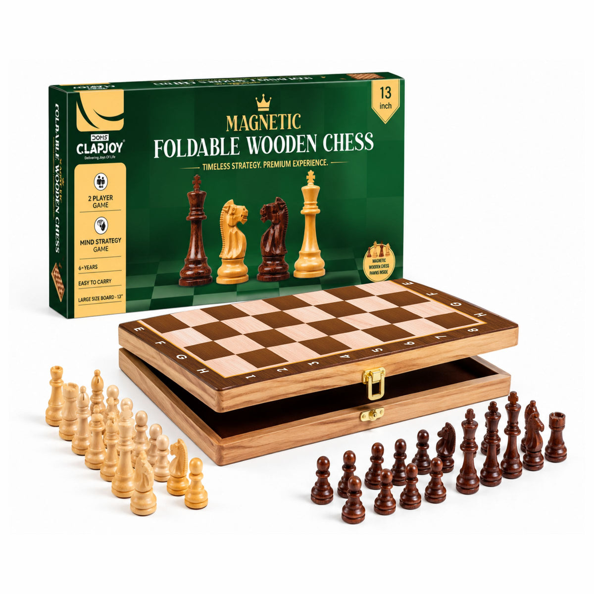 Premium Magnetic Foldable Wooden Chess Board Set (13×13 Inch) | Compact Folding Design with Storage | Travel-Friendly | Family Board Game for Kids & Adults