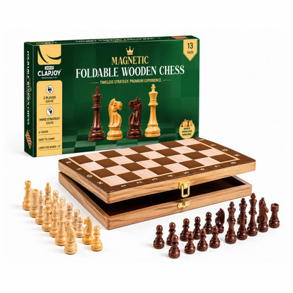 Premium Magnetic Foldable Wooden Chess Board Set (13×13 Inch) | Compact Folding Design with Storage | Travel-Friendly | Family Board Game for Kids & Adults