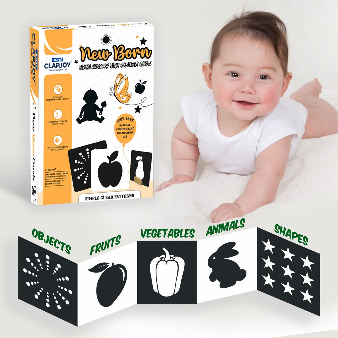 Clapjoy New Born Black & White Flash Card with 2 Wooden Stands | 0-12 months