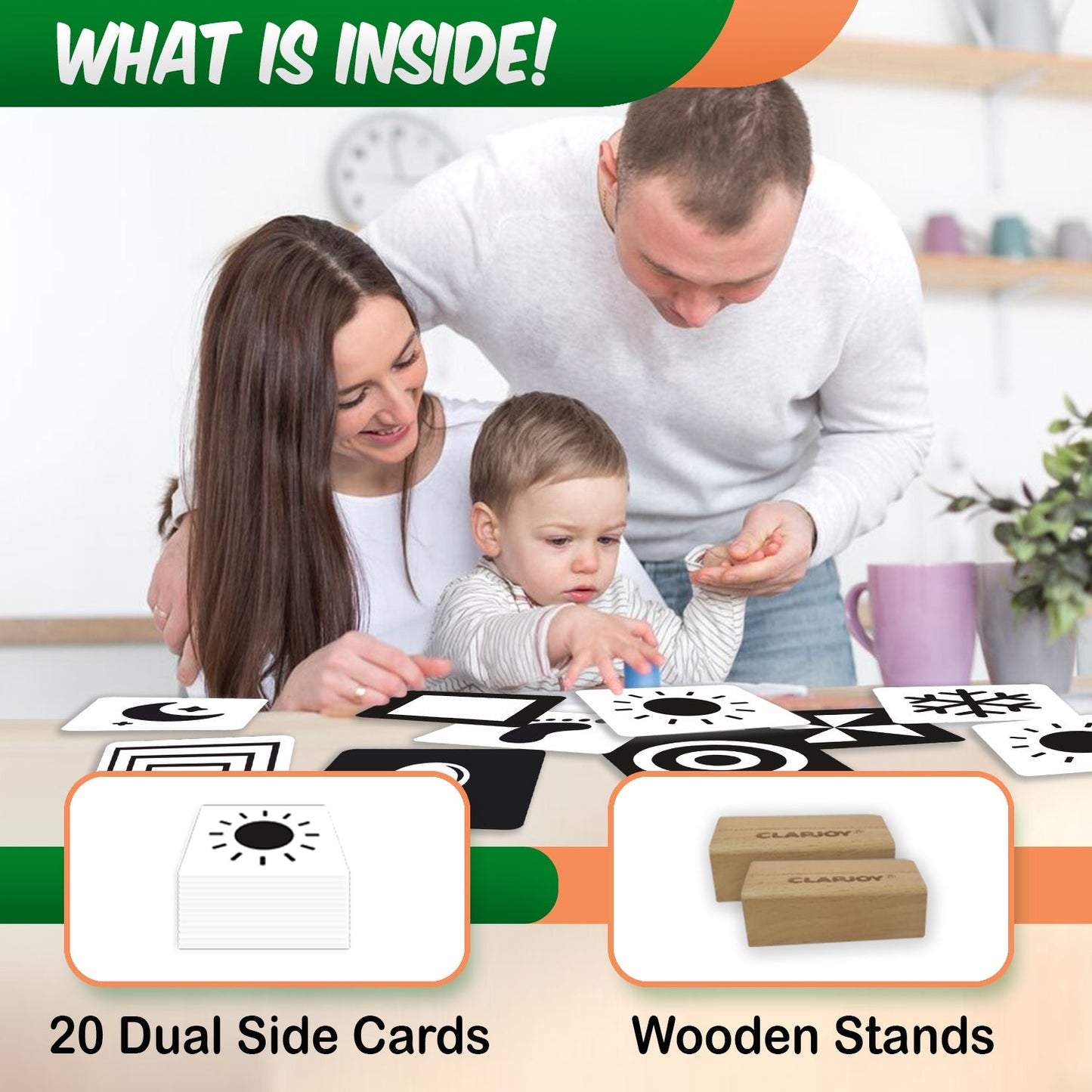 Clapjoy New Born Black & White Flash Card with 2 Wooden Stands | 0-12 months